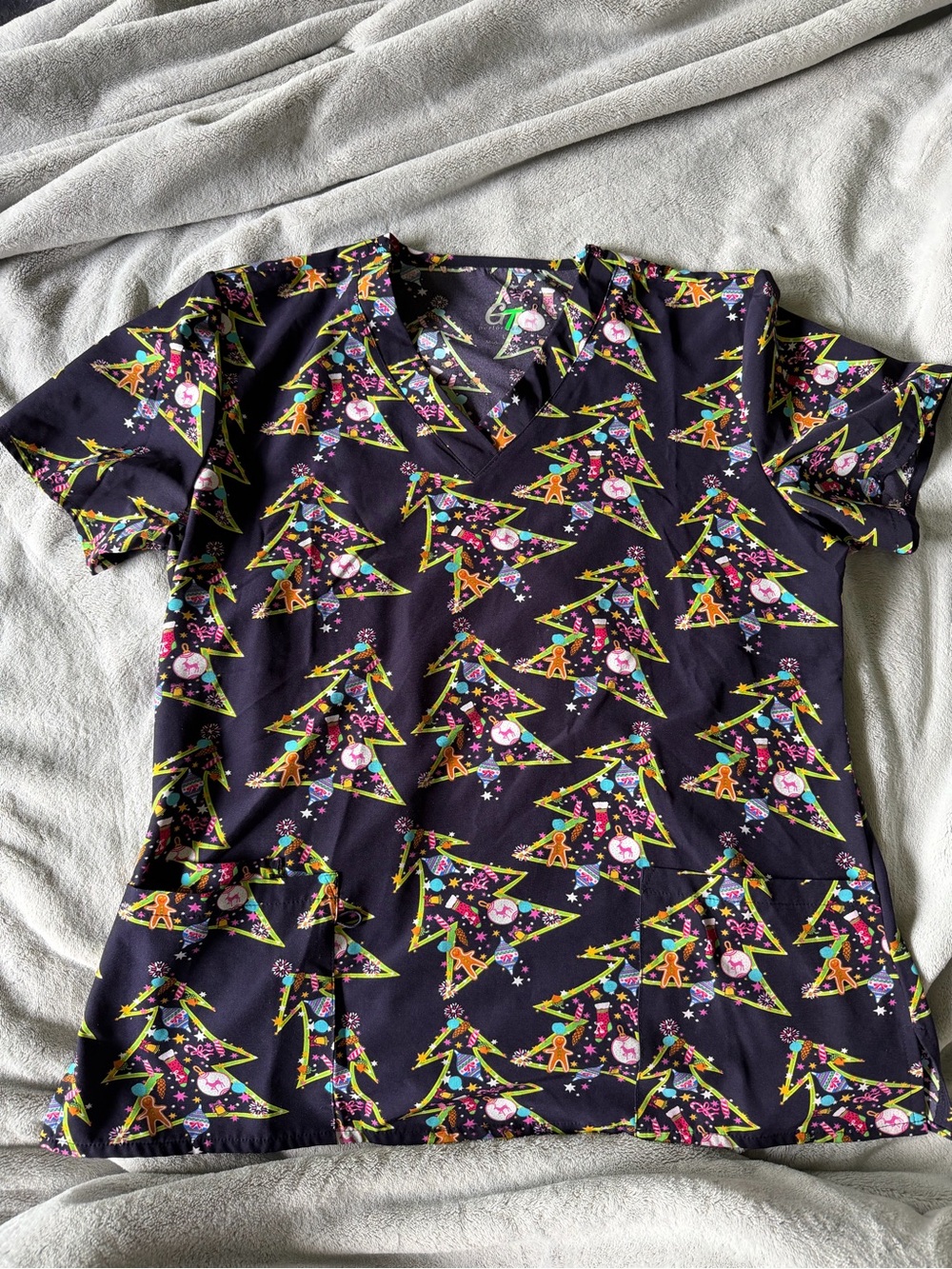 Women’s Black V-Neck Short Sleeve Top with Colorful Holiday Tree Print